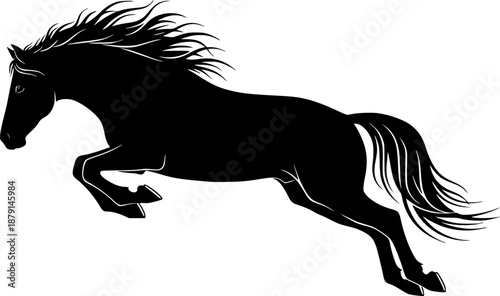 Jumping horse silhouette with flowing mane and tail in graceful action and movement – Black Vector Illustration