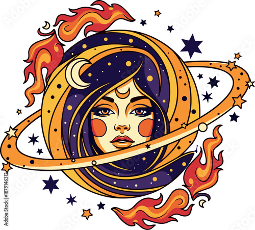 A vibrant and artistic illustration of a woman with an elaborate celestial and fiery design on transparent background