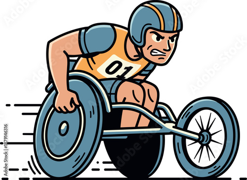 A determined athlete races in a wheelchair during a competitive event on transparent background