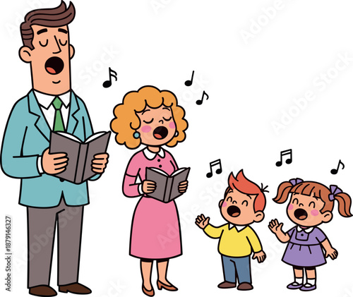 A couple and two children singing together against a transparent background.
