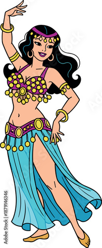 A colorful cartoon belly dancer wearing a vibrant costume and performing a dance move on transparent background