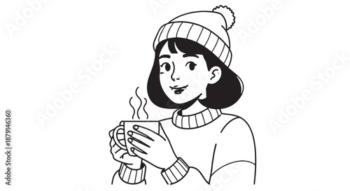 Illustration of a girl in a beanie holding a steaming cup of hot beverage.
