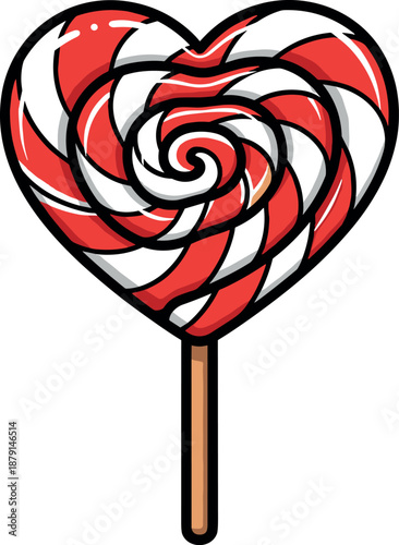 A colorful heart-shaped lollipop with red and white swirling patterns on transparent background