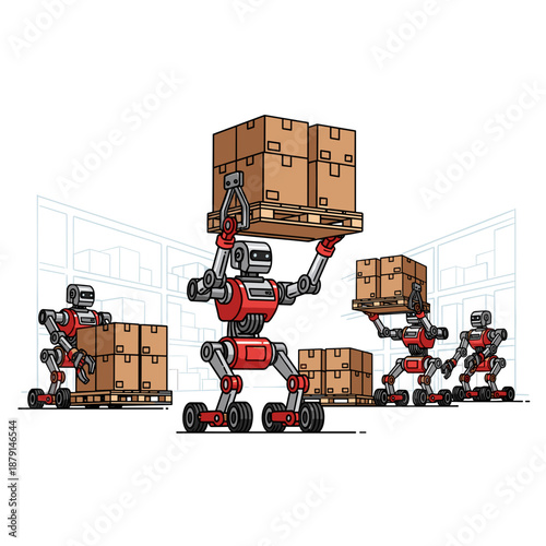 automated warehouse robots moving heavy pallets with cardboard boxes for logistics blogs, shipping websites, technology presentations and industrial posters, with copy space
