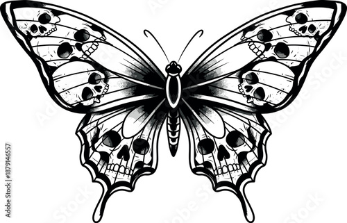A black and white illustration of a butterfly with skull patterns on its wings on transparent background