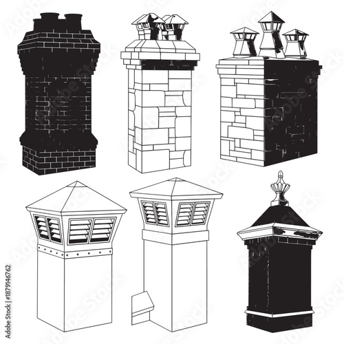 Sketches of Diverse Chimney Towers in Architectural Style.