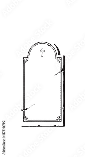 Ornate Tombstone Archway with Decorative Frame and Shaded Silhouette.