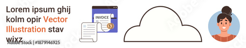 Cloud storage, digital organization, invoicing, data management, user identity, remote work. A cloud icon, invoicing document and a female profile. Cloud storage and digital organization