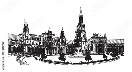 Historic cityscape illustration of grand buildings and a central plaza in a European square.