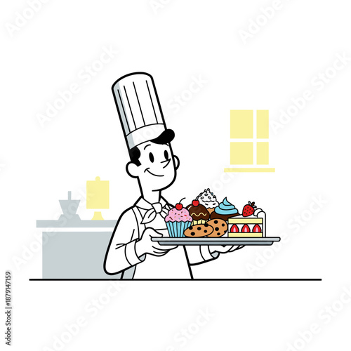 smiling chef holding tray of assorted sweets for bakery websites, culinary blogs, cafe menu design, pastry shop promotion and greeting cards, with copy space