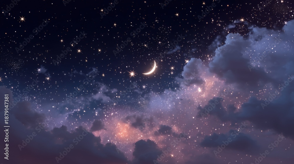 Fototapeta premium Night sky with crescent moon and stars among clouds.
