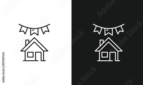 House Party and Grand Opening Celebration Icon, Residential Property Welcome Event with Festive Bunting Flags Vector Line Art for Real Estate Marketing, Homewarming Invitations, and Neighborhood Party