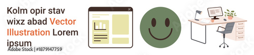 Web design, creativity, office work, positivity, workplace, layouts. A webpage mockup, green happy face and office desk with plants and computer. Web design and creativity concept