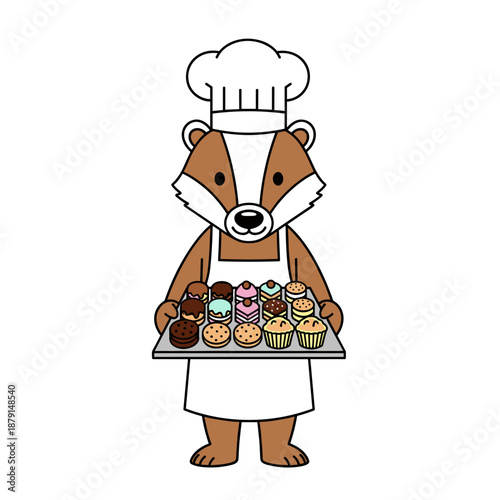 badger pastry chef character holding tray of sweets for kids cafe menu, bakery websites, dessert blogs, stationery design, children education and culinary postcards, with copy space