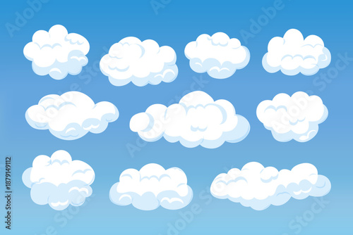 Fluffy white clouds isolated on blue sky background. Flat cloudscape elements, weather and nature elements. Vector illustration set.