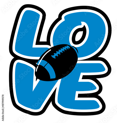 “LOVE” written in bold, rounded letters with a football at the centre. This sports graphic design is perfect for football enthusiasts, featuring blue, black, and silver colours