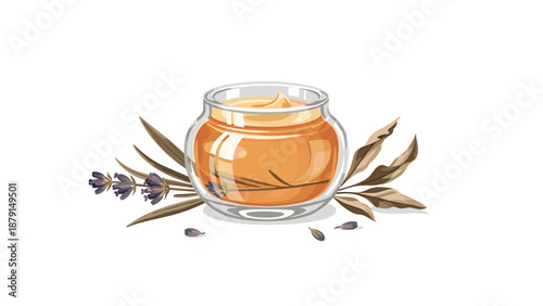 Exquisite illustration of a clear glass jar filled with golden honey or a natural balm, elegantly surrounded by fragrant lavender sprigs and dried leaves, symbolizing natural goodness.