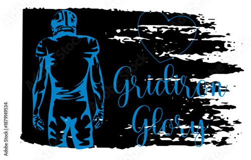 Stylized American football player in  blue, black and silver with bold “Gridiron Glory” lettering and heart symbol. Ideal for fan apparel, team identity, sports graphics, digital marketing, and mercha