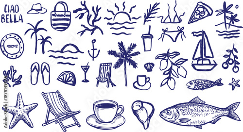 A Hand-Drawn Collection of Summer Vacation Icons, Featuring Beach Life and Refreshing Drinks