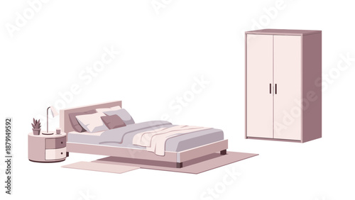 Minimalist illustration of a cozy bedroom interior featuring a comfortable bed with soft bedding, a nightstand with a lamp, and a sleek wardrobe, in muted pink and grey tones.