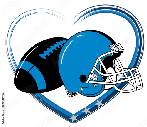 Football helmet and ball enclosed in a hand-drawn sketch-style heart. Vector design inBlue, black and silver, perfect for sporty graphics with a touch of passion and team spirit