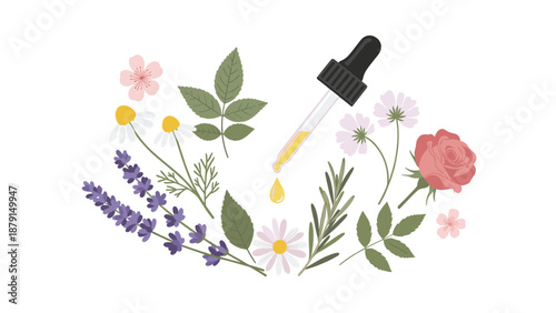 Beautiful illustration of a dropper with a golden liquid drop, encircled by a harmonious arrangement of various natural herbs and flowers, including lavender, chamomile, and rose.