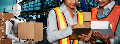 Fotografi Innovative industry robot working in warehouse together with human worker