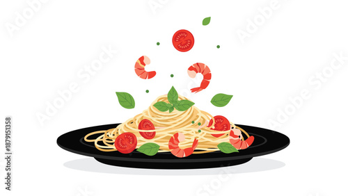 Appetizing illustration of a delicious spaghetti dish served on a black plate, adorned with succulent shrimp, fresh tomatoes, and aromatic basil, with ingredients falling.