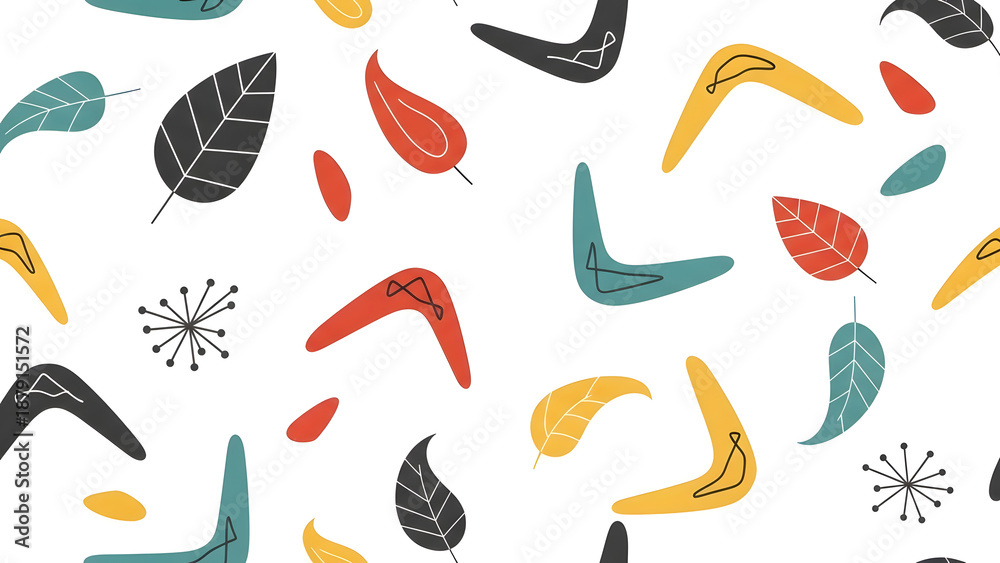Obraz premium A mid-century modern seamless pattern with boomerangs, leaves, and sputnik elements
