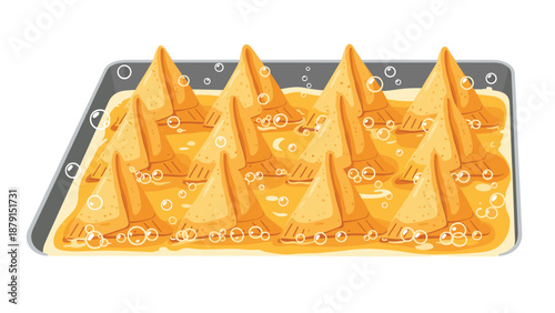 Appetizing illustration of a tray filled with golden, triangular pastries, likely samosas, deliciously frying in bubbling hot oil, ready for a savory snack or meal.