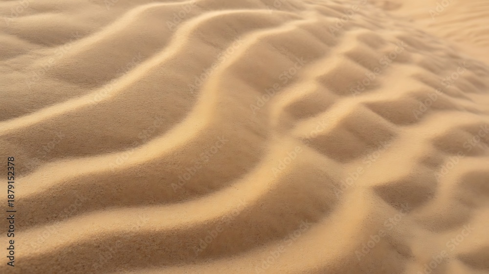 Fototapeta premium Sandy desert landscape features undulating dunes with textured surface and intricate patterns created by sunlight and shadows, showcasing natural beauty and serene environment.