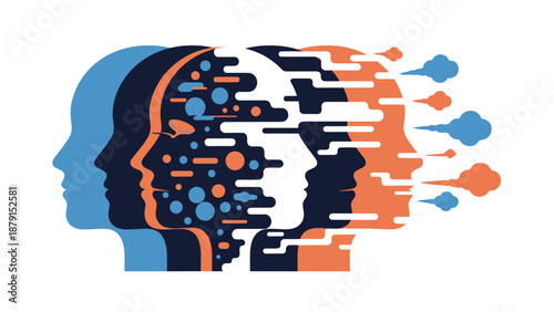 Abstract illustration of multiple human head profiles in a row, with the inner parts dissolving into dynamic abstract shapes and smoke, symbolizing mental health and thought processes.
