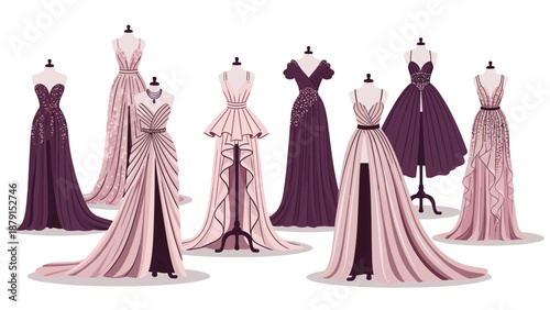 Exquisite illustration of multiple mannequins showcasing a stunning collection of elegant long evening gowns and wedding dresses in beautiful shades of pink and purple, for fashion.