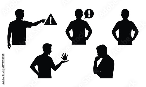 Silhouettes of individuals with alert signs above them