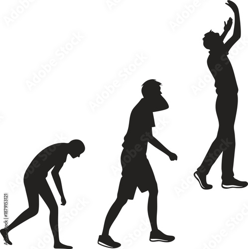 Three people in dynamic poses conveying emotions and movement