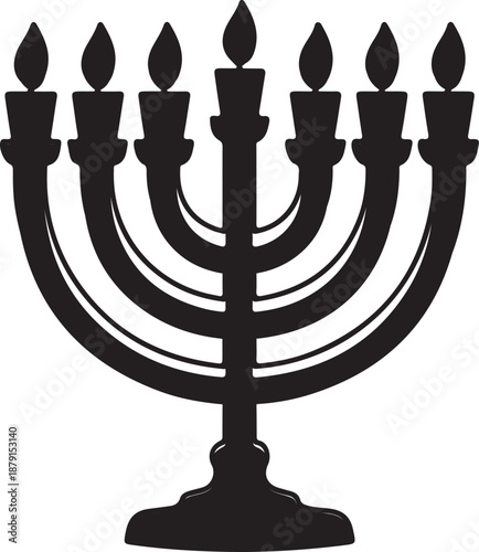 Black and white of a nine-branched menorah with symmetrical candle holders candlestick