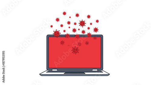 Alarming illustration of a laptop with a red screen, depicting numerous red virus particles emerging from it, symbolizing a critical computer virus, malware, or digital health threat.