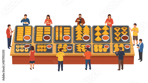 Lively illustration of a bustling buffet table laden with a wide array of fried appetizers, including spring rolls and samosas, with people serving themselves, for events and catering.