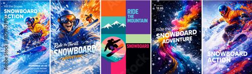 Snowboard poster set with riders in action, snow splashes and vibrant motion effects, perfect for winter sports events, mountain resorts, extreme adventure ads and outdoor marketing.