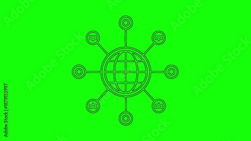 Global Network Connection Line Icon Animation on Green Screen