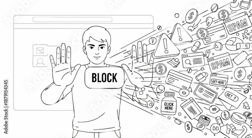 Man digitally stopping spam and malicious content from entering his browser window