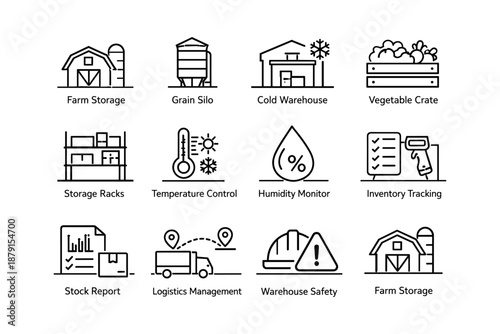 Farm storage solutions: silo, warehouse, and logistics management icons