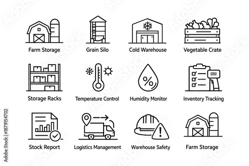Icons representing farm storage, grain silo, warehouse, and inventory management