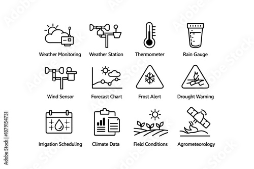 Weather monitoring and agriculture icons for climate data analysis