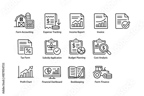 Farm finance and accounting icons: budget, invoice, profit analysis, tax forms