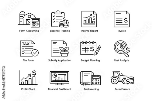 Farm finance and accounting icons for budget and expense management