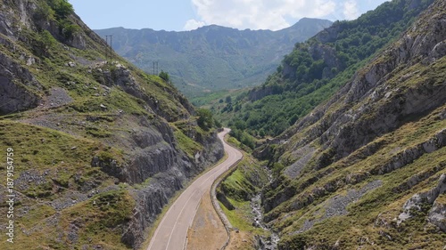 Street in the mountains in Asturias (northern Spain) in summer with a valley.