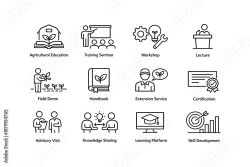 Agricultural training icons: education, workshops, certification, and skill development