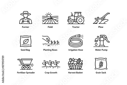 Outline icons of farming tools and techniques for sustainable agriculture practices
