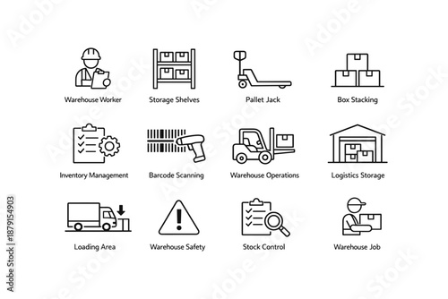 Warehouse operations icons: storage, safety, and equipment in logistics management